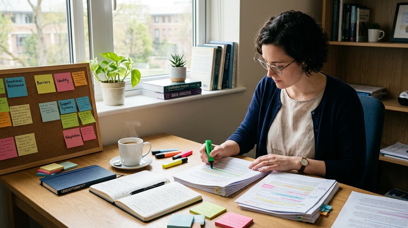 Qualitative researcher analyzing printed interview transcripts and organizing coding categories at a modern desk