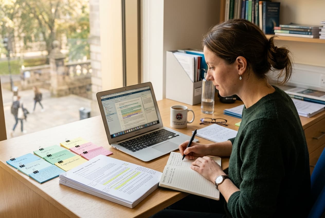 Qualitative researcher using a laptop to organize transcripts, code data, and structure themes for MAXQDA thematic analysis